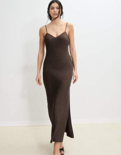 Stradivarius - Vestito midi effetto raso marrone - view 1