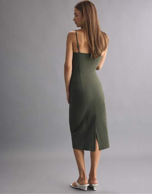 Stradivarius vestito midi in bengalina con spalline color khaki, 3 di 7