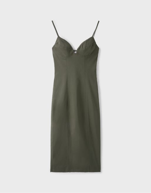 Stradivarius vestito midi in bengalina con spalline color khaki, 6 di 7