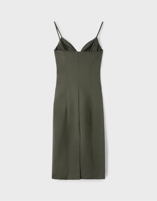 Stradivarius vestito midi in bengalina con spalline color khaki, 7 di 7