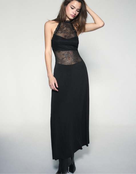 Stradivarius vestito midi in pizzo allacciato al collo nero - view 1