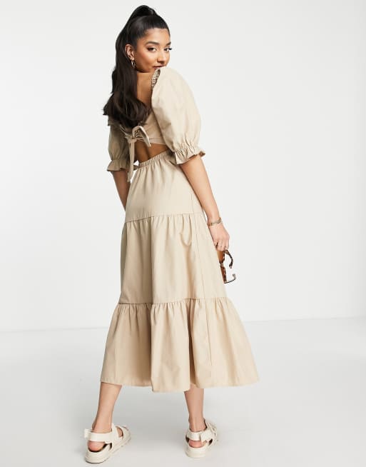 Stradivarius - Vestito midi in popeline arricciato con maniche a sbuffo color pietra , 3 di 4