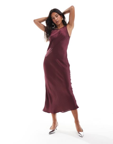 Stradivarius - Vestito midi in raso bordeaux - view 1