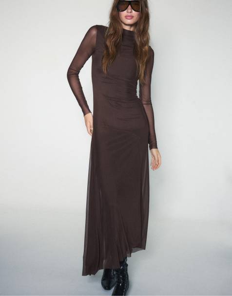 Stradivarius vestito midi in tulle a maniche lunghe marrone - view 1