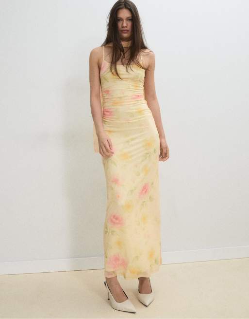 Stradivarius - Vestito midi in tulle color oro con stampa e foulard