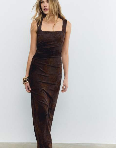 Stradivarius - Vestito midi in tulle marrone con scollo quadrato - view 1