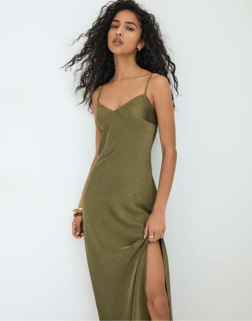 Stradivarius - Vestito midi kaki in raso, 2 di 4