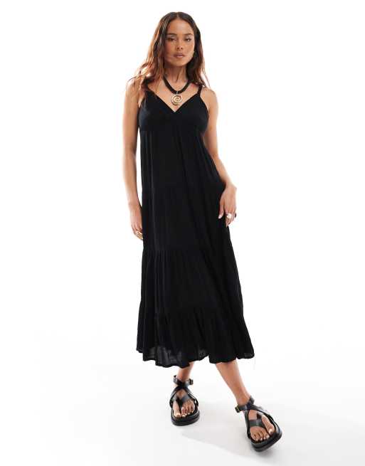 Stradivarius - Vestito midi nero con scollo a V