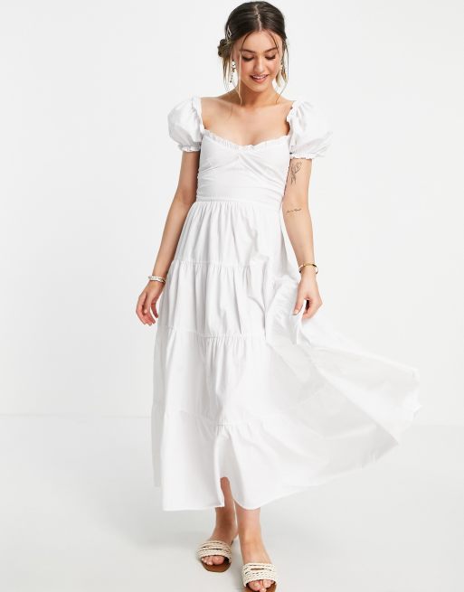 Stradivarius - Vestito milkmaid in popeline con maniche a sbuffo, colore bianco