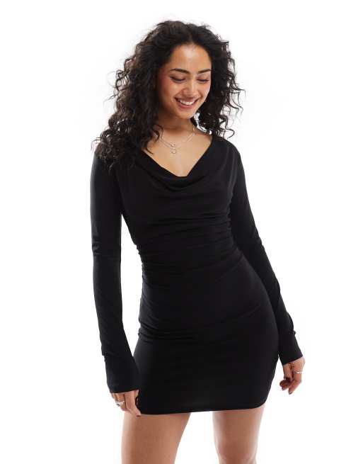 Stradivarius - Vestito nero con scollo ad anello