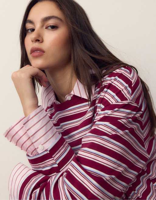 Stradivarius – Vinröd, randig t-shirt i oversize med långa ärmar, 4 av 4