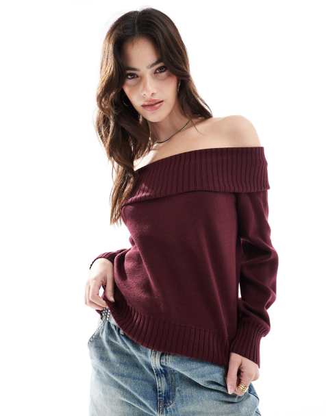 Stradivarius – Vinröd, stickad topp med off shoulder - view 1