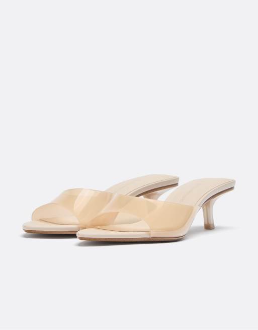 Stradivarius - Vinyl sandalen met kittenhak in beige, 3 van 6
