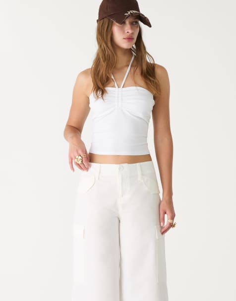 Stradivarius – Vit bandeau-topp med knytdetalj - view 1