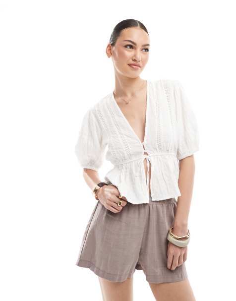 Stradivarius – Vit blus i boho-stil med puffärmar - view 1