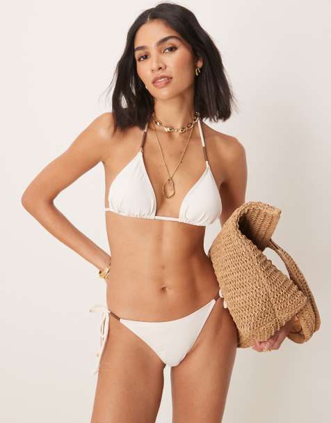 Stradivarius – Vit och brun bikini med dekorativa detaljer - view 1