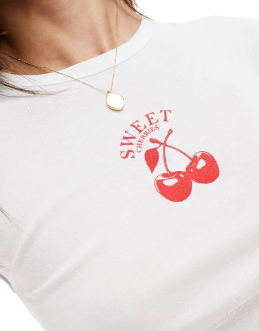 Stradivarius – Vit t-shirt med öppen rygg och körsbärstryck, 3 av 4