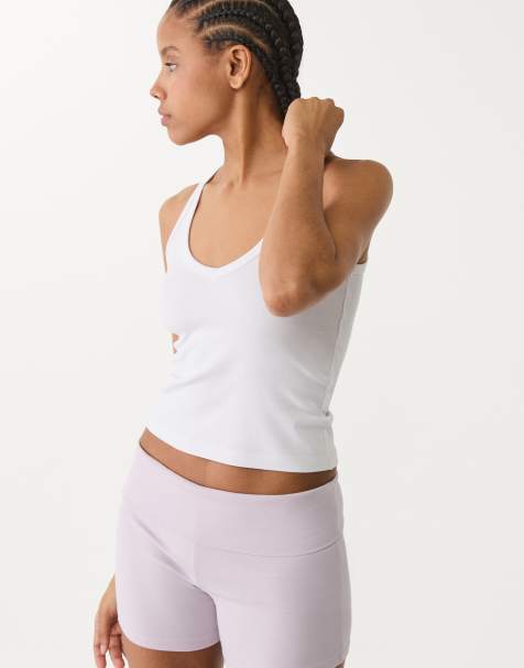 Stradivarius – Vit t-shirt med v-ringning och brottarrygg - view 1