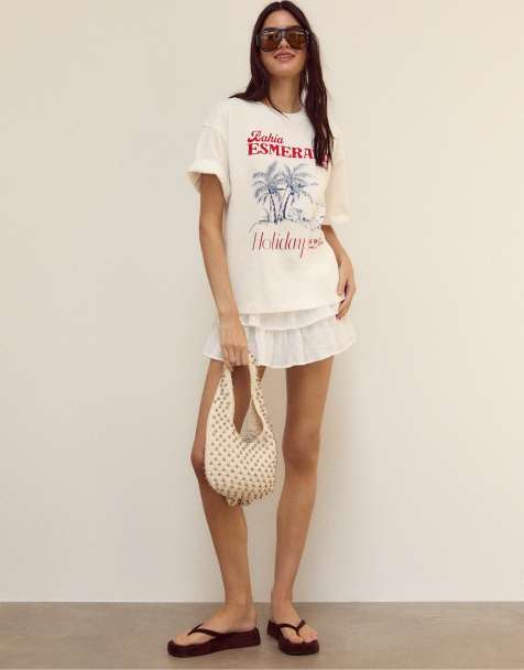 Stradivarius – Vit, vid skort med volanger - view 1