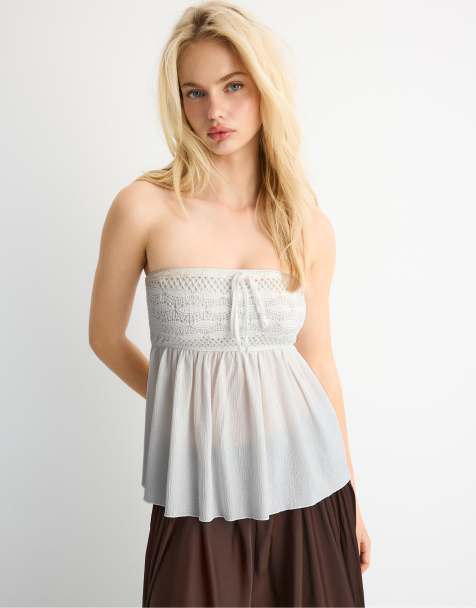 Stradivarius – Vit, virkad bandeau-topp - view 1