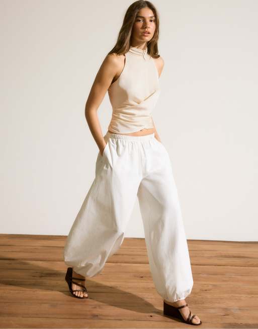 Stradivarius – Vita, vida byxor i poplin, 5 av 7