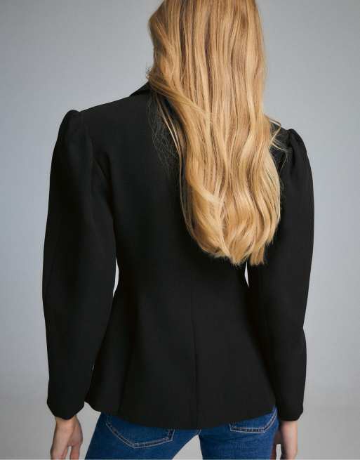 Stradivarius Voluminous sleeve blazer in black, 3 of 7