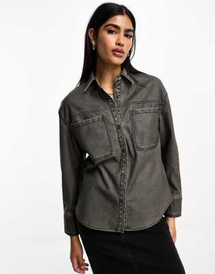 Stradivarius washed faux leather shirt in black ASOS