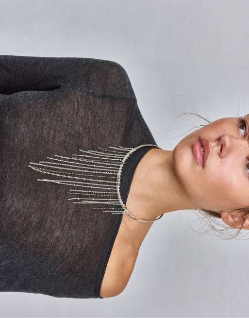 Stradivarius Waterfall choker-halsband i grått, 3 av 4