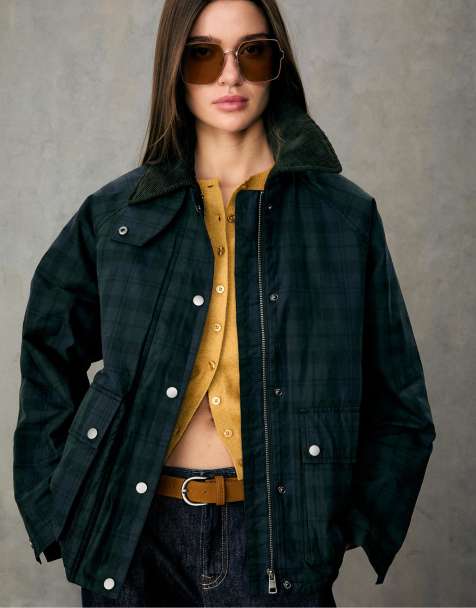 Stradivarius Waxed check parka in navy blue - view 1