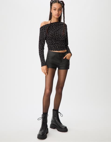 Stradivarius Waxed mini shorts in black