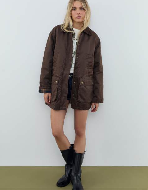 Stradivarius Waxed parka with multiple pockets in brown - view 1