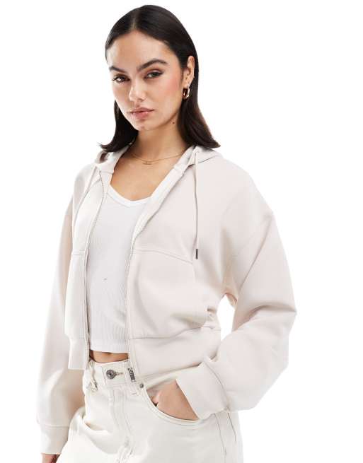 Stradivarius – Weiche Kapuzenjacke in Beige mit Reißverschluss
