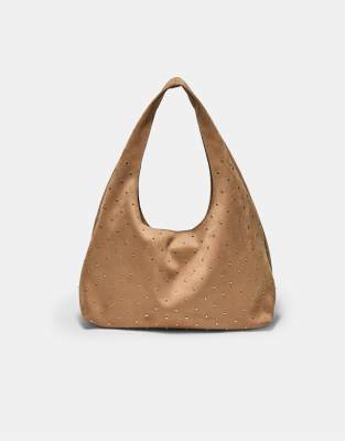 Stradivarius - Weiche Schultertasche in Beige mit Strassverzierung-Neutral