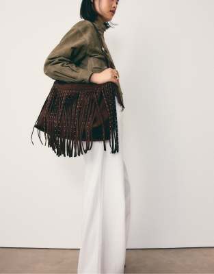 Stradivarius - Weiche Schultertasche in Braun mit Fransendetail-Brown