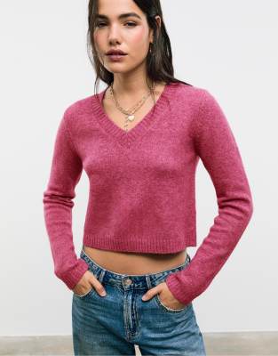 Stradivarius - Weicher Cropped-Strickpullover in Malve-Lila