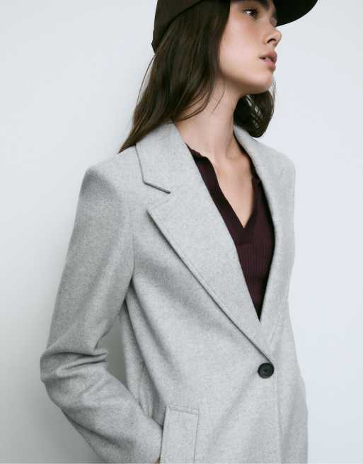 Stradivarius – Weicher Midi-Mantel in Grau meliert mit Knopfleiste, 4 von 4