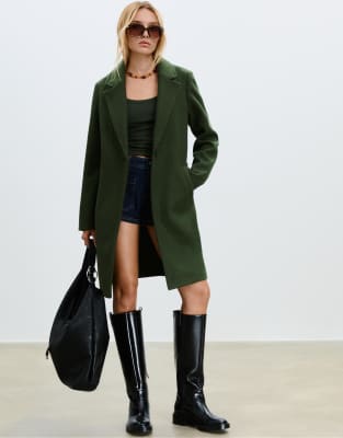 Stradivarius - Weicher Midi-Mantel in Grün mit Knopfleiste