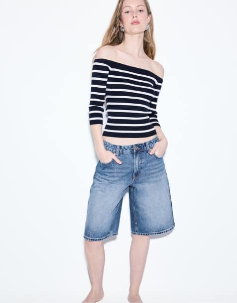 Stradivarius – Weite Bermuda-Jeansshorts in mittlerer Denim-Waschung - view 1