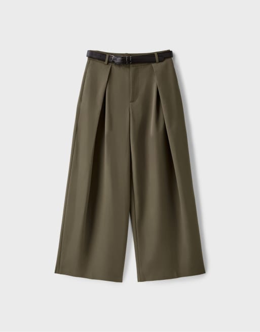 Stradivarius weite Bundfaltenhose mit Gürtel in Khaki, 6 von 7