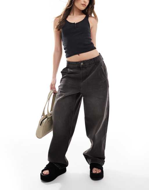 Stradivarius – Weite Jeans in schwarzer Waschung mit niedrigem Bund