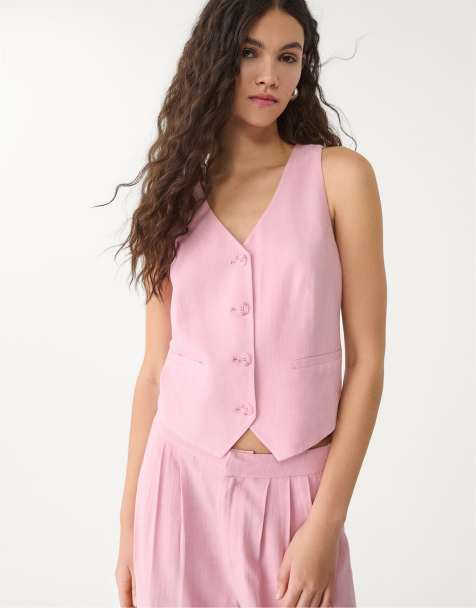 Stradivarius – Weste in Pastellrosa mit Leinenanteil und Knopfleiste - view 1