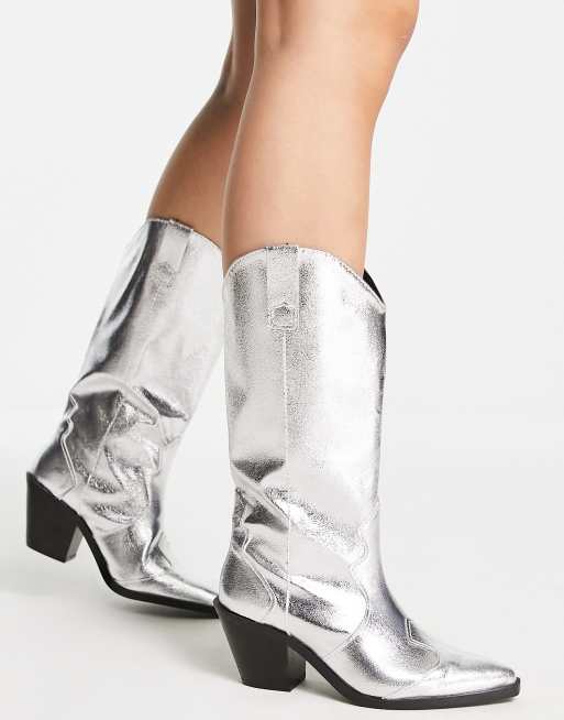 Stradivarius western boot in silver ASOS