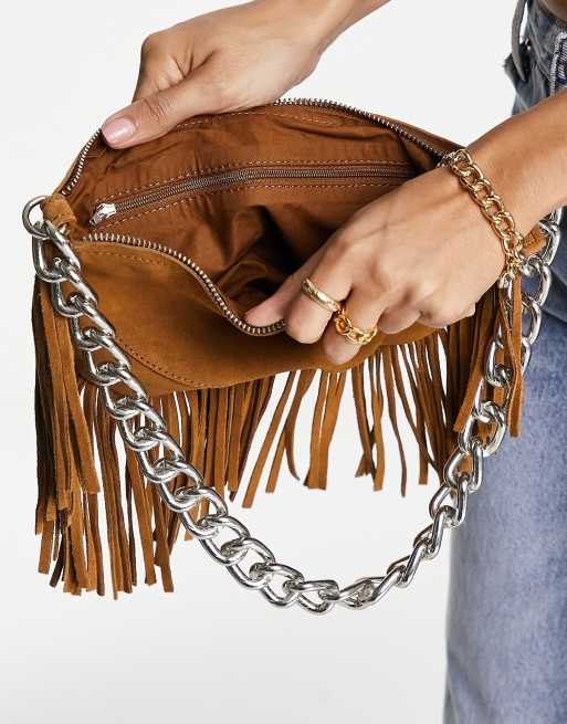 Stradivarius western fringe detail bag in green suede