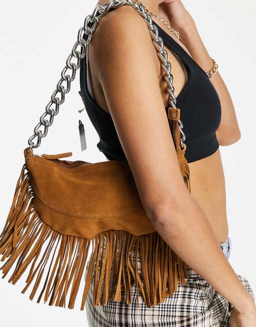 Stradivarius western fringe detail bag in green suede