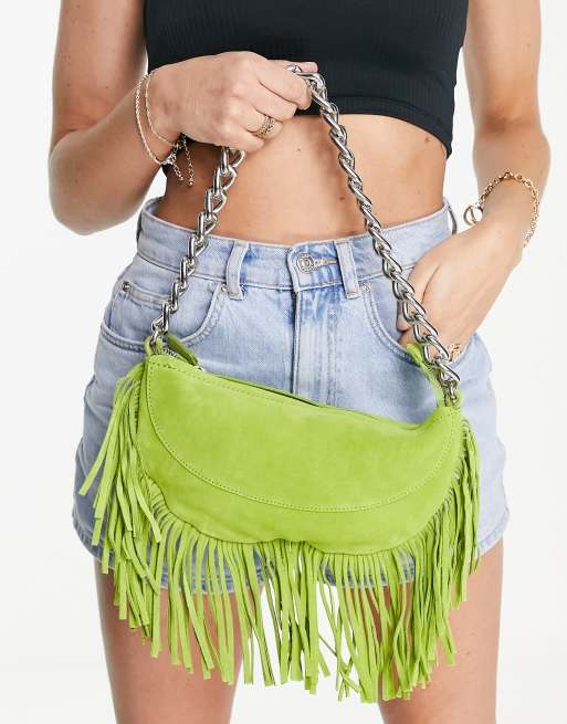 Stradivarius western fringe detail bag in green suede