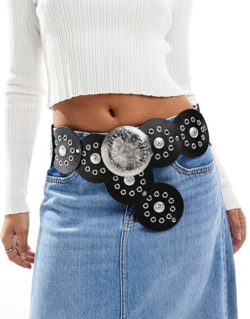 Stradivarius - Western riem met ronde schijven en studs in zwart