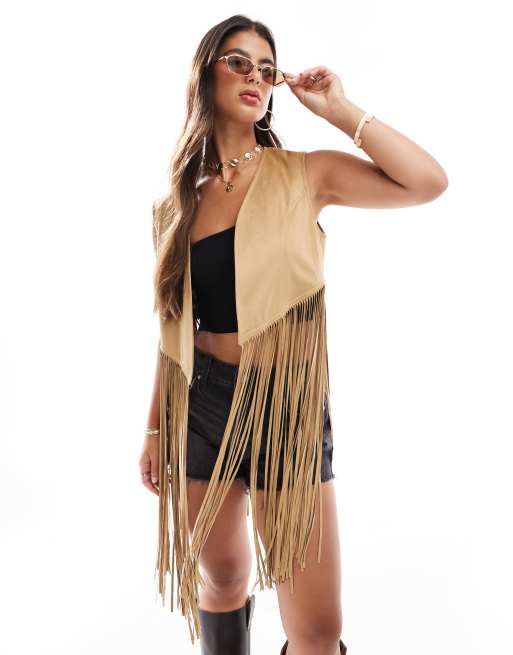 Stradivarius western vest with fringe detail in beige