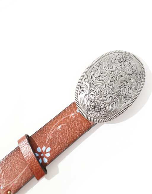 Stradivarius – Westerngürtel in Braun mit Blumendetail, 2 von 4