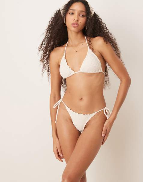 Stradivarius tie side crochet bikini bottom in white