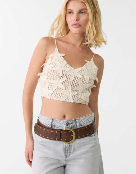 Stradivarius wide belt with star studs in beige - view 1